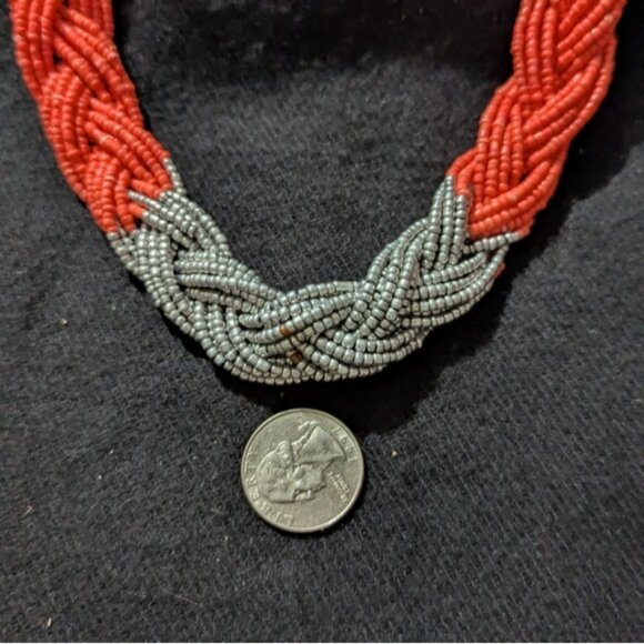 Silver Tone Orange Coral Braided Beaded Statement Necklace - Picture 6 of 6